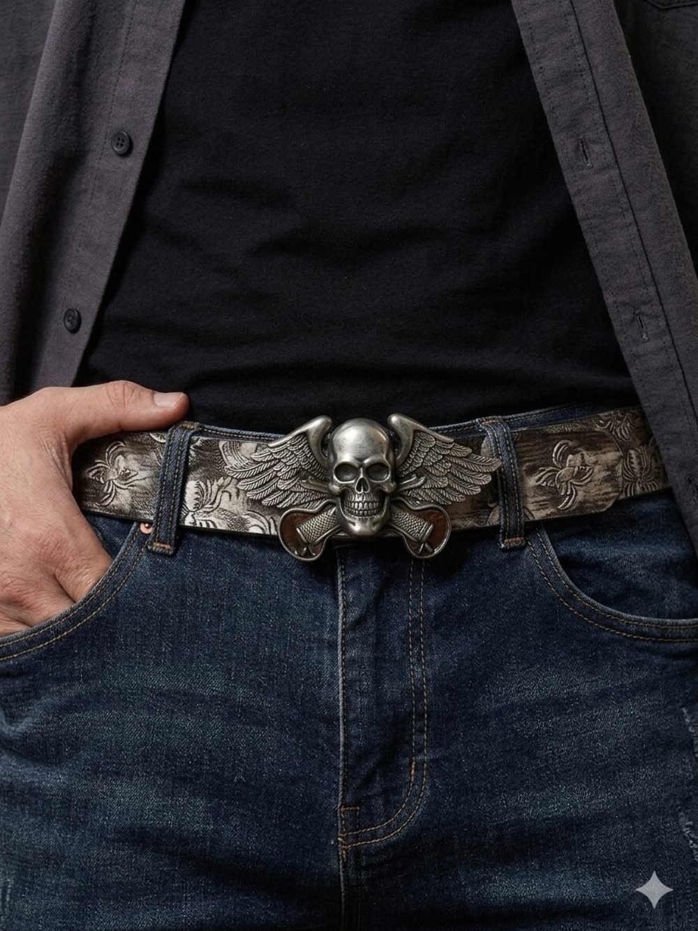 Black Leather Belt Winged Skull Buckle Adjustable 45 Inches